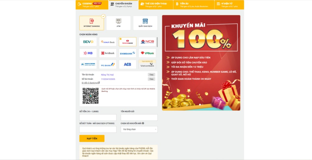 Nạp Tiền Five88 - Hướng Dẫn An Toàn Và Chi Tiết Nhất 6 Hướng dẫn nạp tiền Five88 bằng Internet Banking