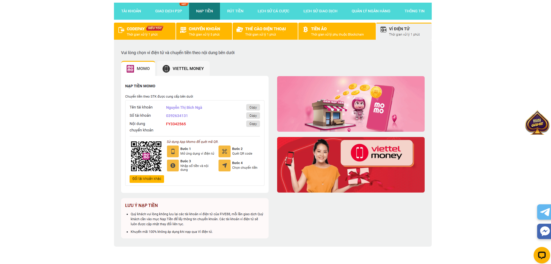 Nạp Tiền Five88 - Hướng Dẫn An Toàn Và Chi Tiết Nhất 7 Các bước nạp tiền vào tài khoản Five88 bằng ví điện tử