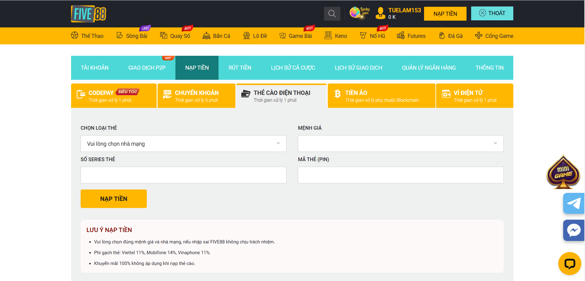 Nạp Tiền Five88 - Hướng Dẫn An Toàn Và Chi Tiết Nhất 8 Hướng dẫn nạp tiền Five88 bằng thẻ cào